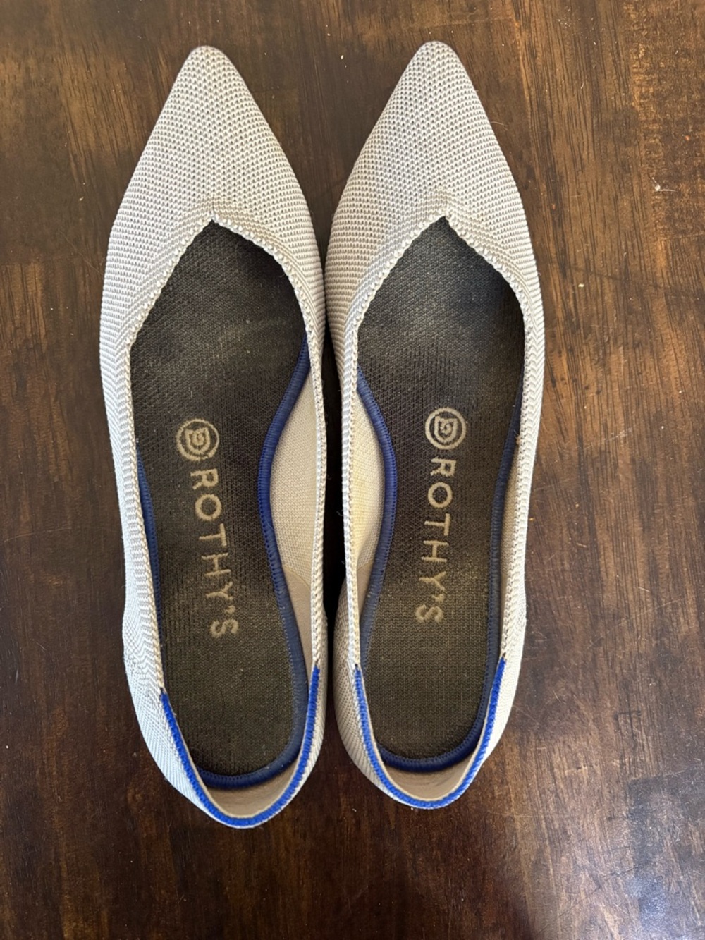 Rothy's Pointed Knit Flats in Light Gray with Navy Trim